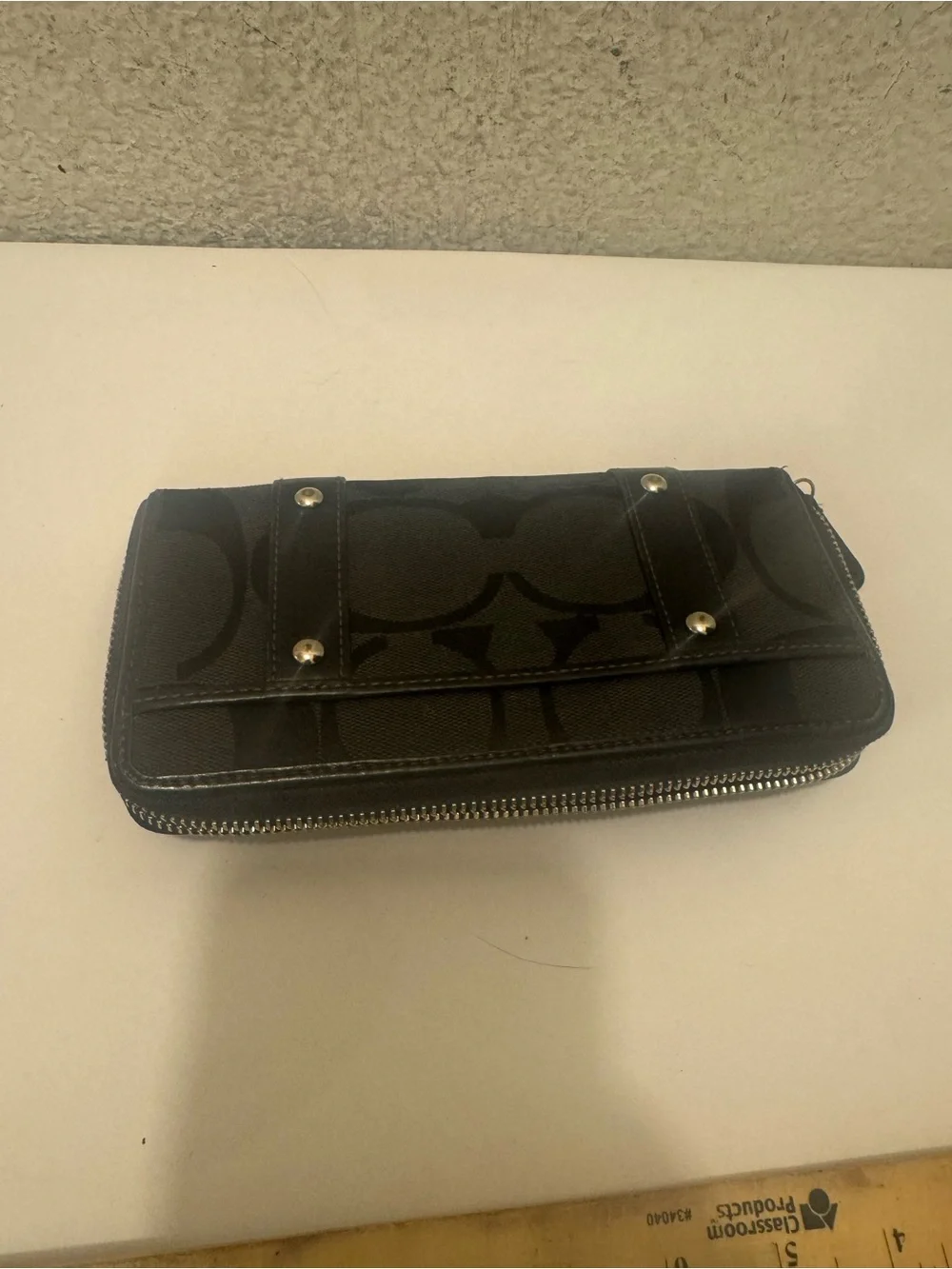 Coach Zoe Black Signature Zip-Around Wallet with Buckle Straps